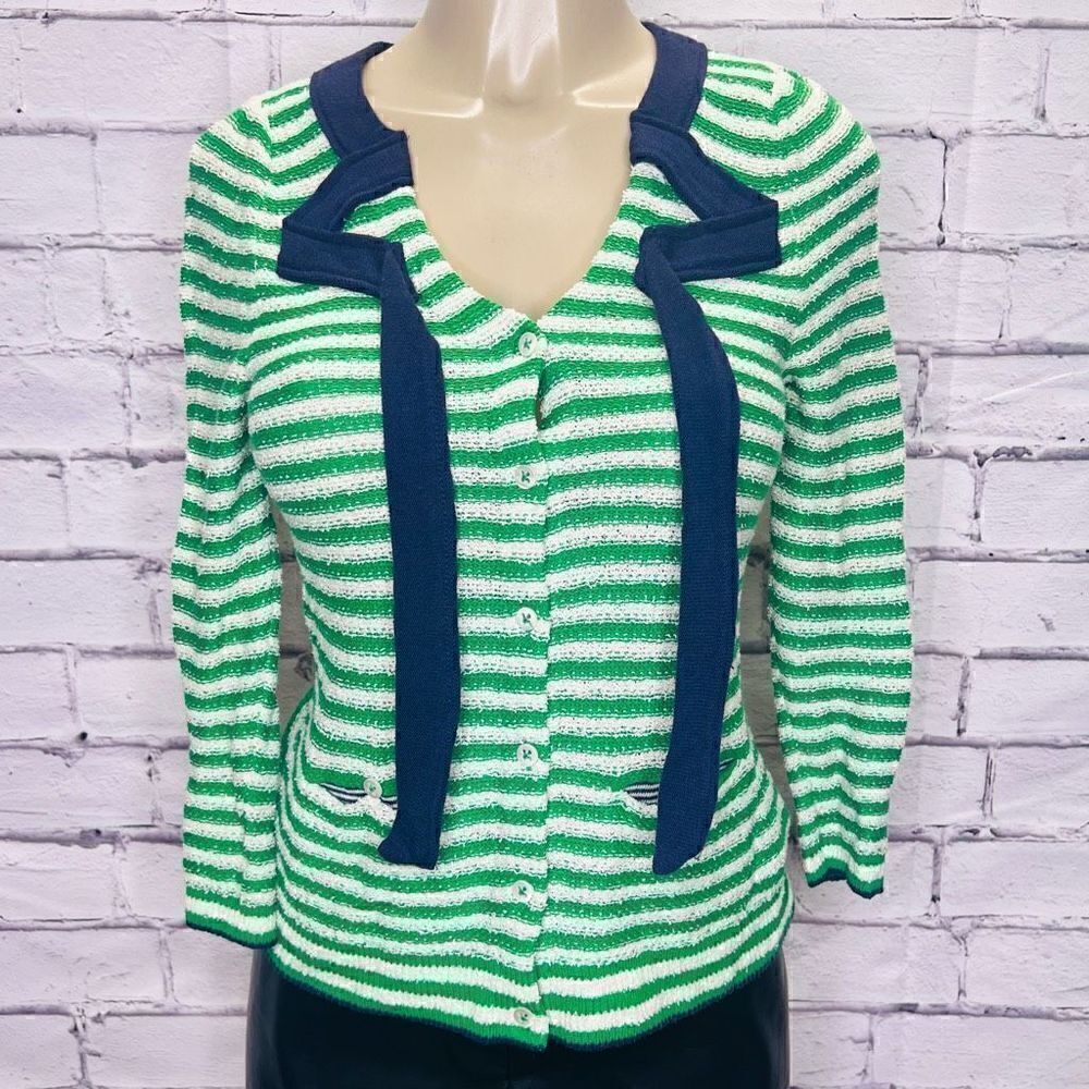 Anthropologie HWR Womens Multi Color Striped Puff Sleeve Navy Tie Cardigan Small